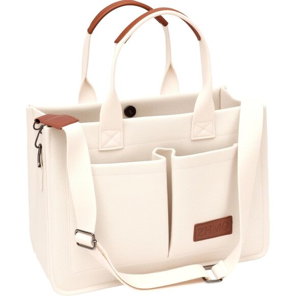 Women's Beige Imported Canvas Laptop Crossbody Work Large Tote Handbags